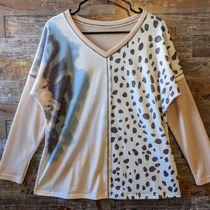 Pale Pink Multi Print Waffle Drop Shoulder Boho Top